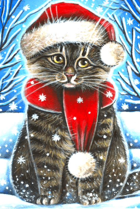 Christmas Cat diamond painting kit with tools and pre-sorted acrylic diamonds, featuring a colorful design and high-quality canvas.